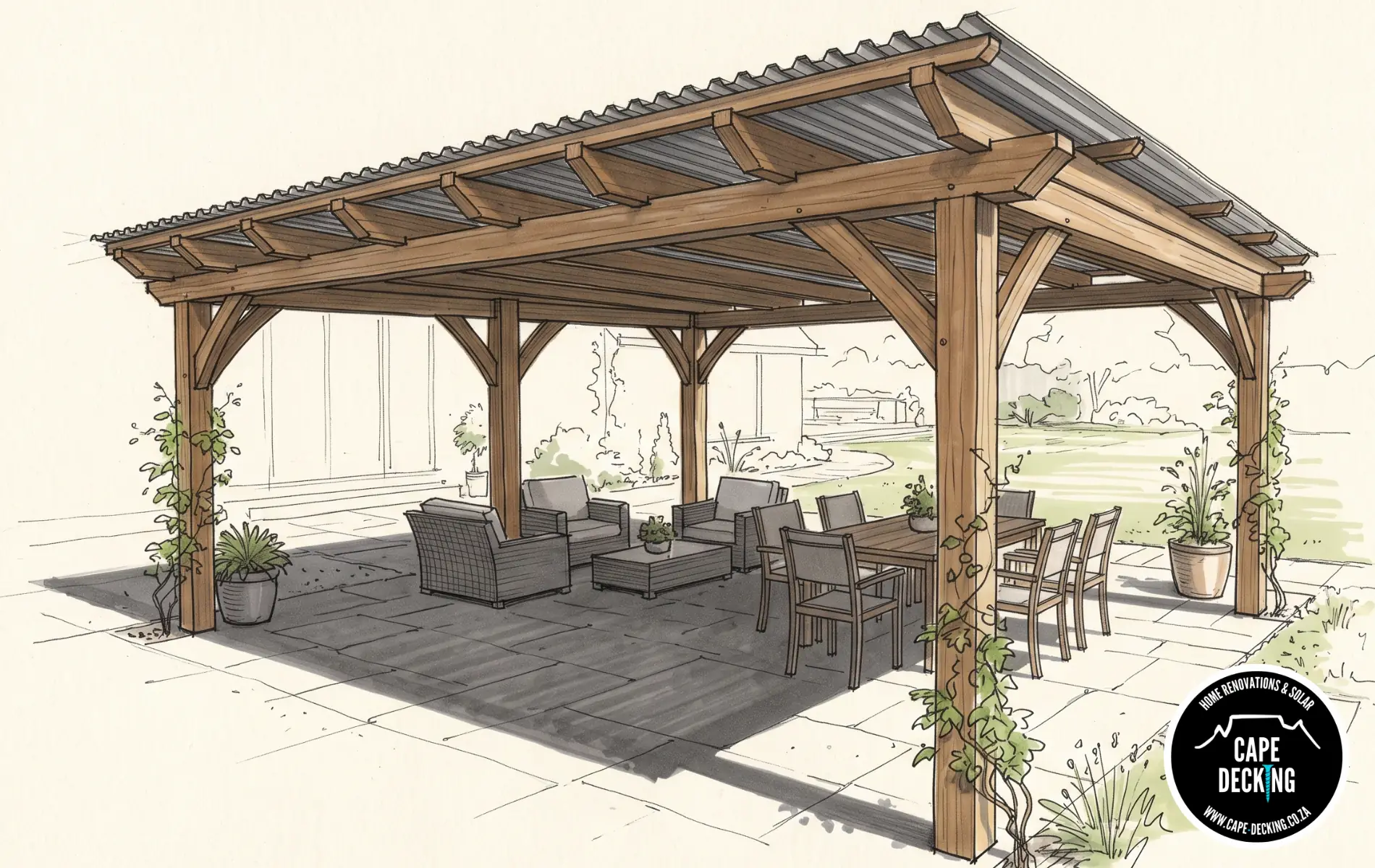 Wooden Pergola - IBR Roof Sheeting - Solid Corrugated Metal - Cape Decking