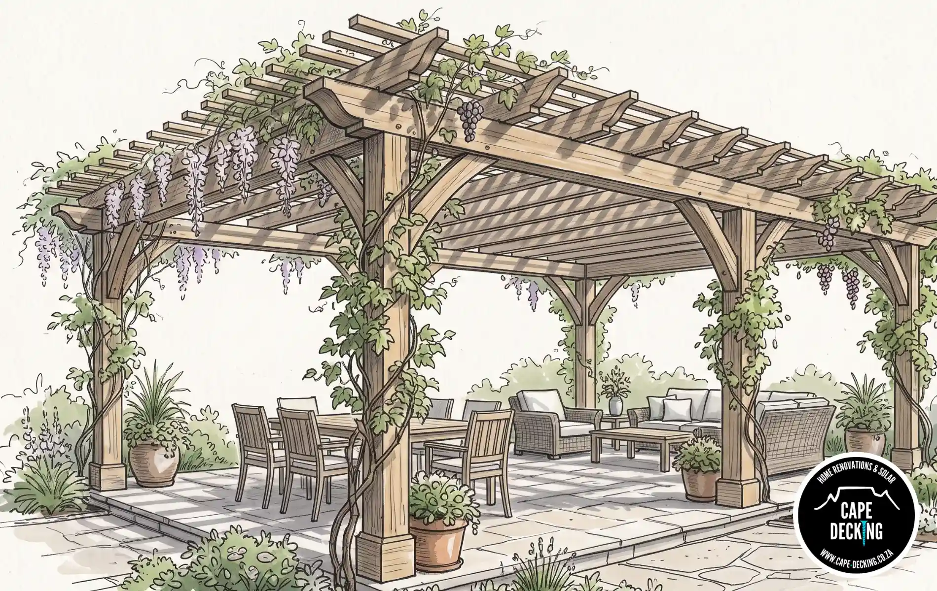 Wooden Pergola - Open Slat - Timber rafters with climbing plants - Cape Decking